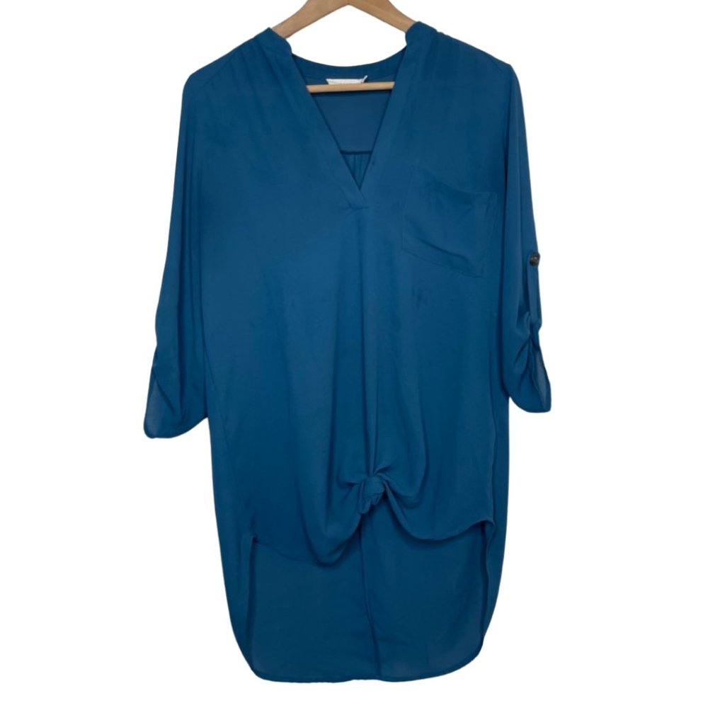 LUSH | Jewel Tone Teal Roll Tab Sleeve Tunic Length Blouse | Size S